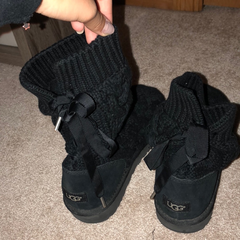 Black Ugg Boots. Knitted, string ties in back. - Picture 2 of 4